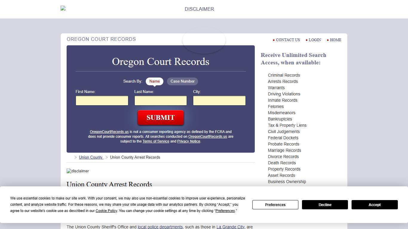 Union County Arrest Records | OregonCourtRecords.us